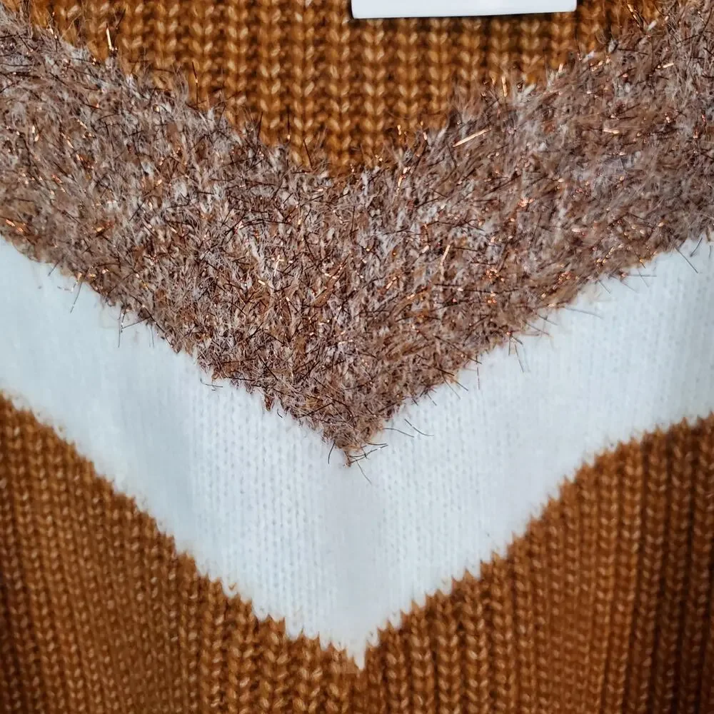 Nine West Women's Brown White Cable Knit Sweater Size L Chevron Colorblock NWT